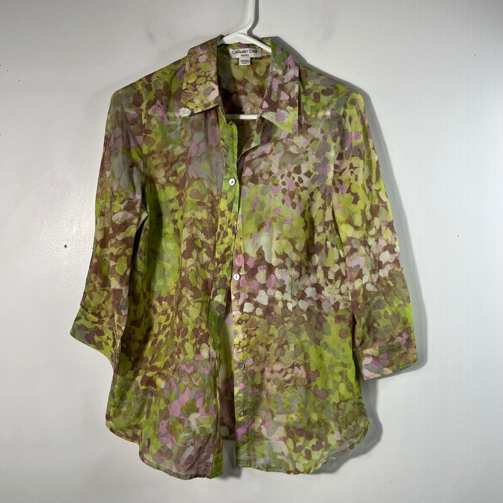 Womens Coldwater Creek Shaped Cotton Silk Floral Button Shirt S Green Brown Pink
